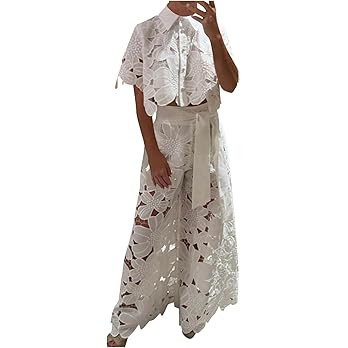 Women's Eyelet Lace Two Piece Outfits Floral Embroidery Shirts Short Sleeve Blouse Tops Wide Leg ... | Amazon (US)