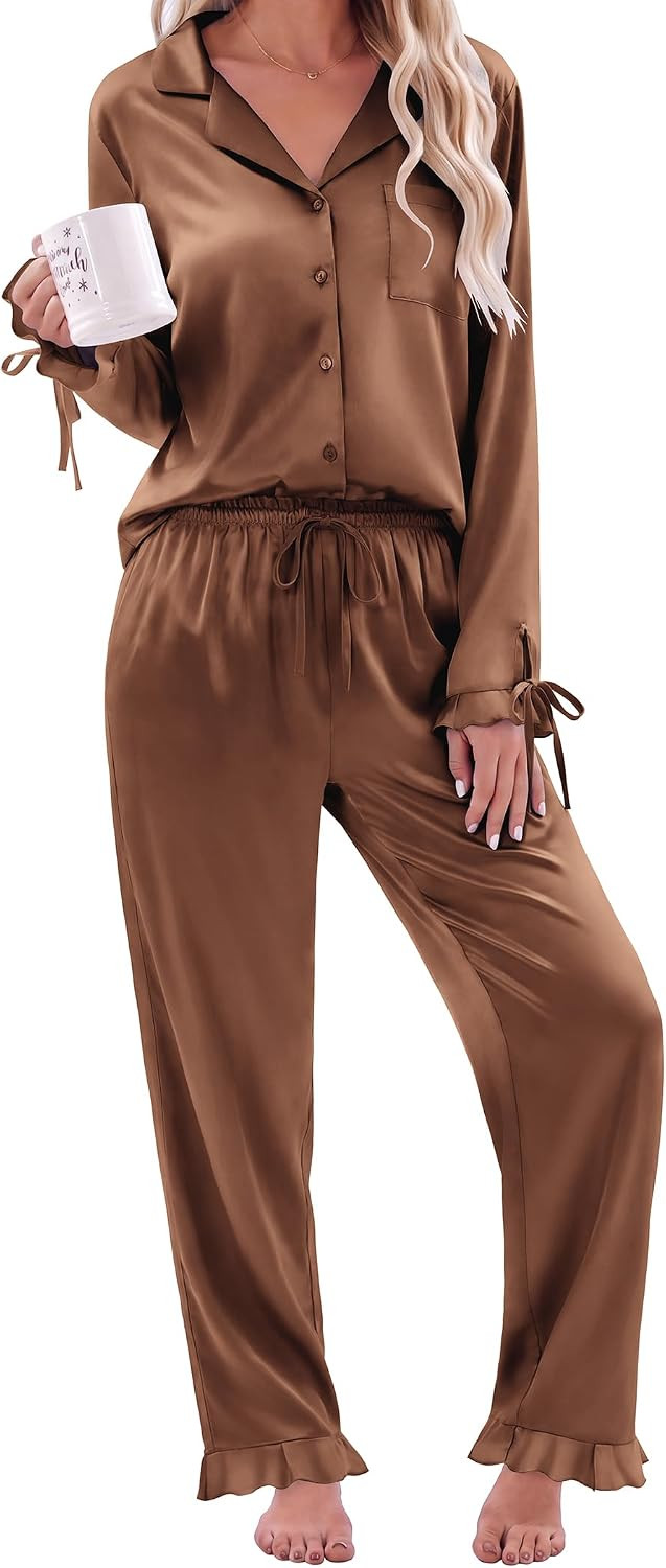 Ekouaer Satin Pajamas for Women Silky Long Sleeve Button Down Pajama Sets | Amazon (US)