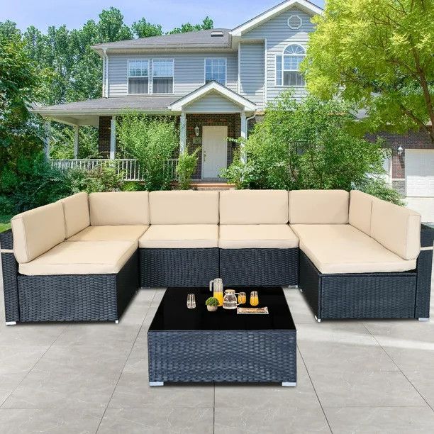 7 Piece Rattan Sectional Sofa Set, Outdoor Conversation Set, All-Weather Wicker Sectional Seating... | Walmart (US)