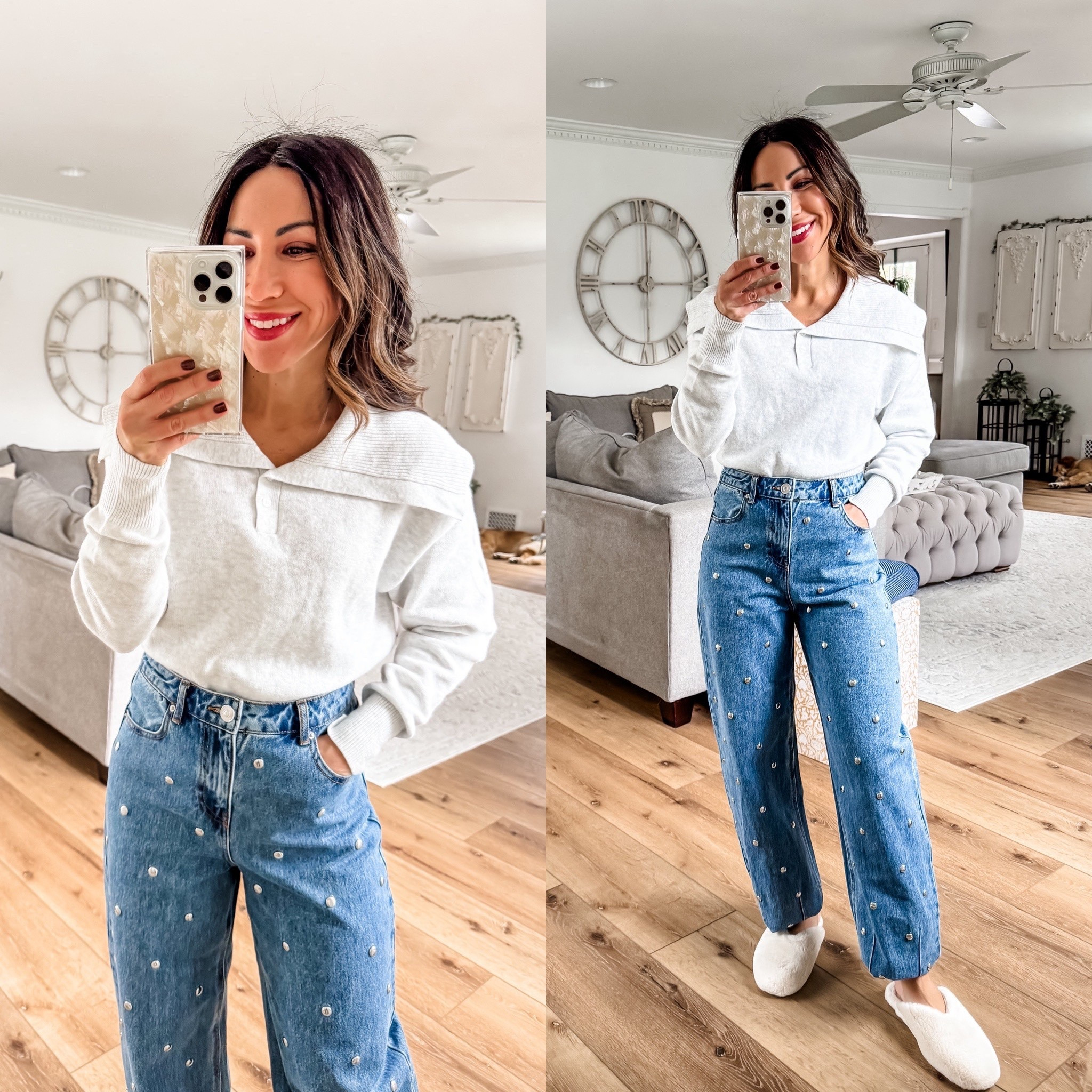 Small sweater, 0 studded jeans, barrel jeans. Shoes, TTS, target style.

#LTKFindsUnder50 #LTKOver40