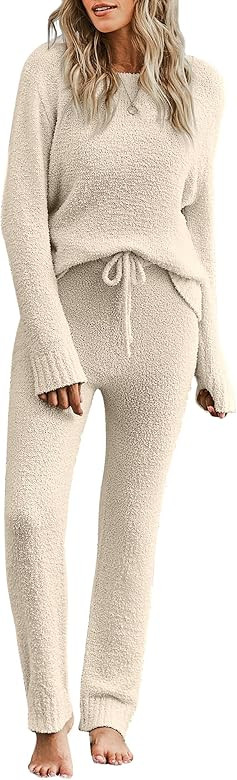 luvamia Women's Casual Pajama Set Fuzzy Fleece Knitted Long Sleeve Pj Loungewear | Amazon (US)