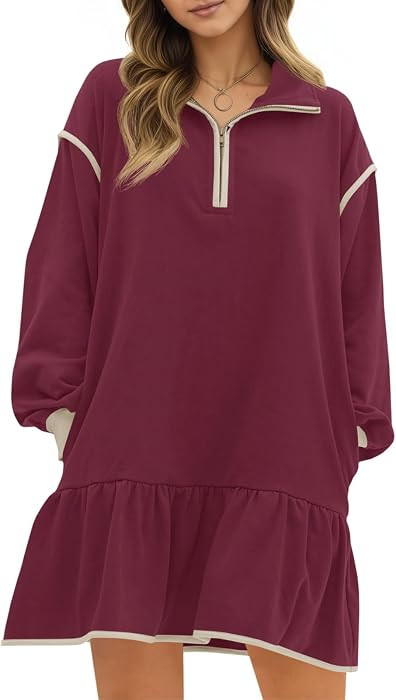 Casual,Loose Fit,Zipper,Drop Shoulder,Ruffle Hem,Tunic Pullover,Fall Winter,Patchwork,Mini Dresse... | Amazon (US)