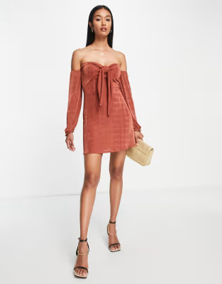 ASOS DESIGN slinky tie front bardot mini dress in rust | ASOS (Global)