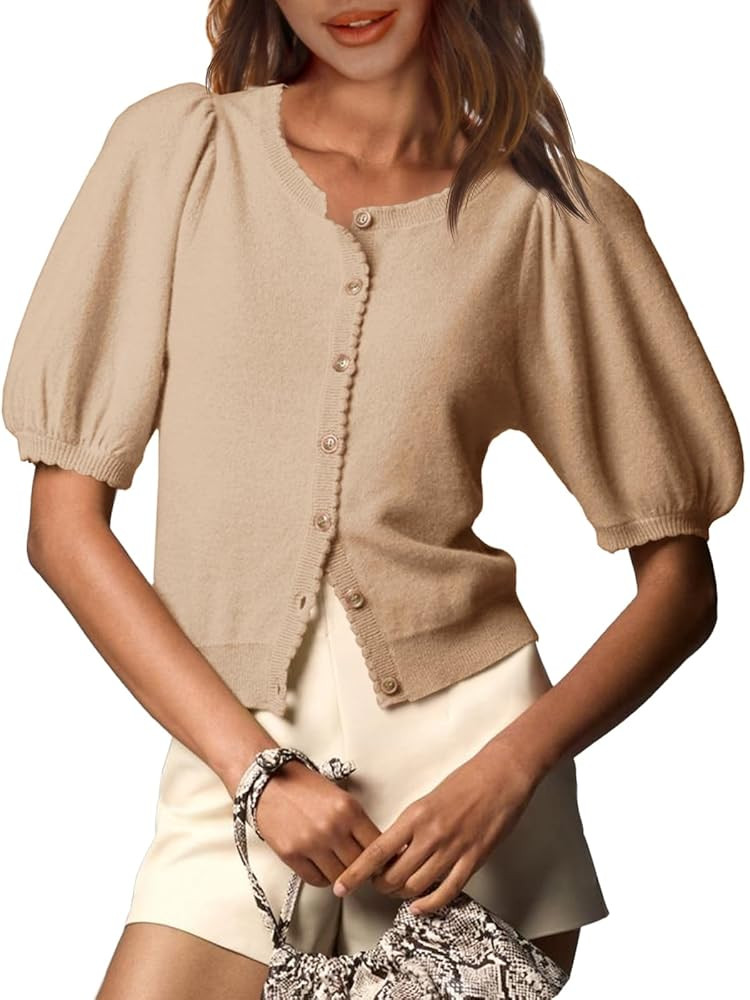 Saodimallsu Womens Puff Short Sleeve Cardigan Lightweight Summer Button Down Shirts Knit Crew Nec... | Amazon (US)