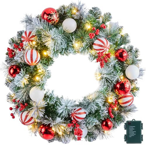Pre-Lit Artificial Christmas Wreath 24Inch, Christmas Door Decorations Wreath with 50LED Warm Lights, Christmas Balls, Pine Needles, and Red Berries for Front Door Wall Windows X-mas Ornament | Amazon (US)