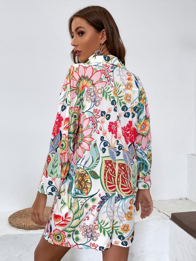 Allover Floral Print Shirt Romper | SHEIN