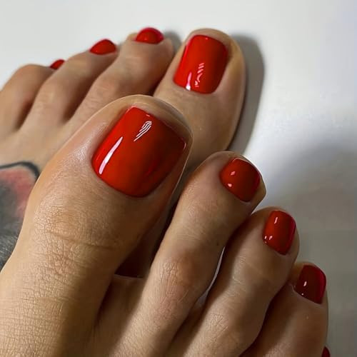 Solid Color Red Press on Toenails for Women, Glossy Fake Toenail Press ons Short Square Acrylic Press on Toe Nails, Reusable light Red Toenails Glue on Natural Seamless Fit, 24Pcs Glue Toenails | Amazon (US)