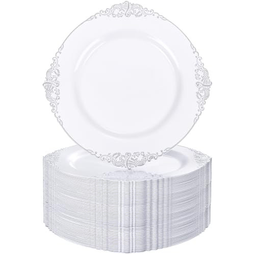Nervure 100Pcs White and Silver Plastic Plates - 7.5 inch White Plastic Plates with Silver Rim - Disposable Dessert Plate for Wedding & Party | Amazon (US)