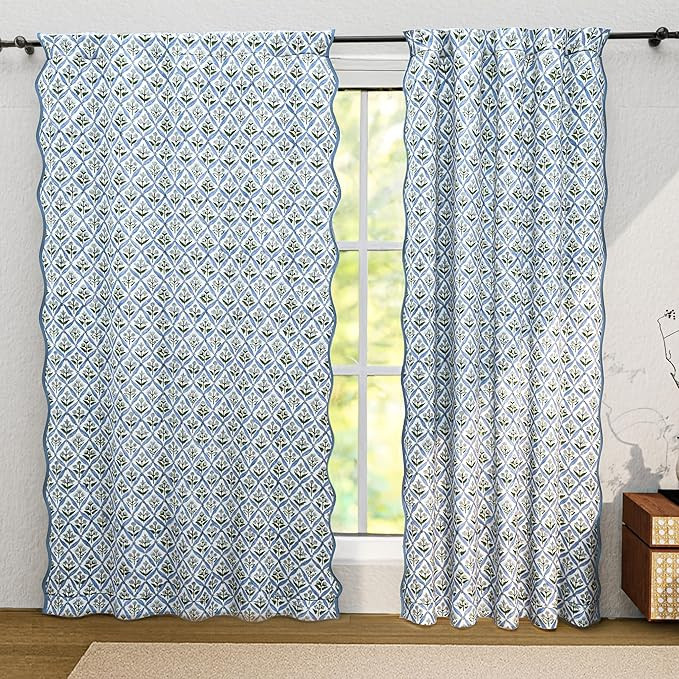 Ridhi Light Steel Blue Floral Cotton Scallop Curtains 1 pcs 84-Inch Pocket for The Rod Semi-Sheer... | Amazon (US)