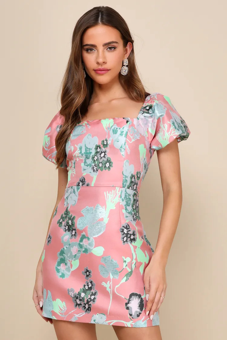 So Stunning Coral Pink Floral Jacquard Puff Sleeve Mini Dress | Lulus