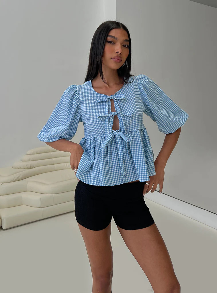 Full House Tie Up Blouse Top Blue Plaid | Princess Polly US