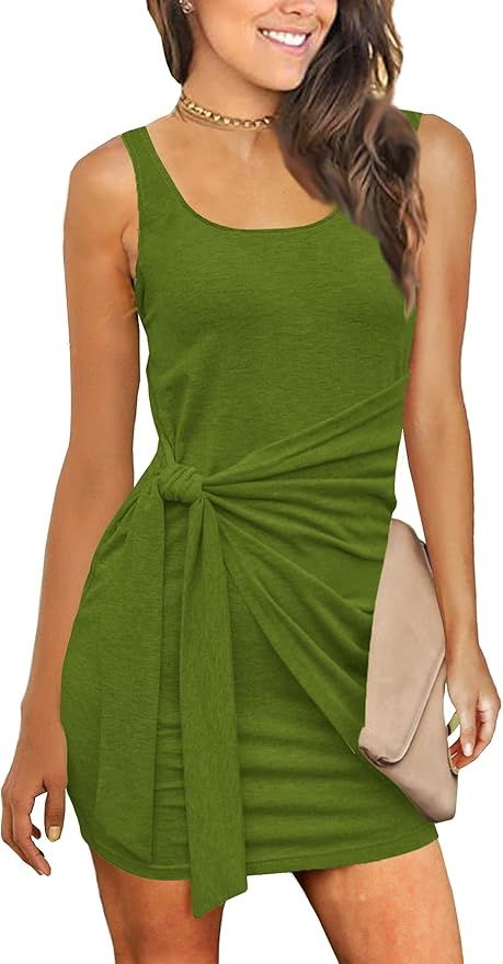 Zalalus Women's Summer Casual T Shirt Dresses Sleeveless Bodycon Ruched Tie Waist Mini Sundress | Amazon (US)