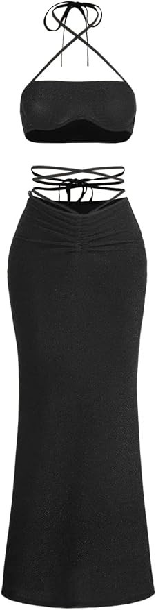 Cozyease Women's 2 Piece Outfit Plain Tie Backless Halter Crop Top Ruched Maxi Skirt Set | Amazon (US)