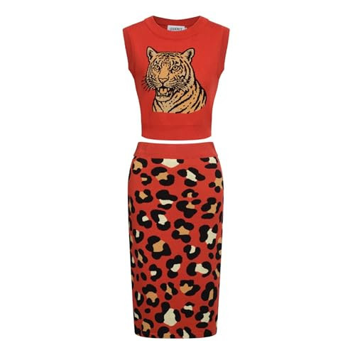 OXKNIT Women's Red Knitted Vest Skirt Sets, Casual Retro Tiger Pattern 2 Piece Sets Cotton Summer Outfits | Amazon (US)