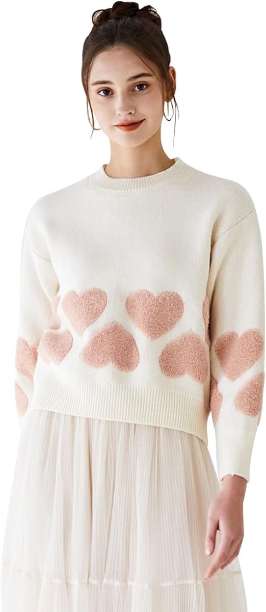 CHICWISH Women Oversized Sweaters Tender Fuzzy Heart Jacquard Crewneck Long Sleeve Fashion Pullov... | Amazon (US)