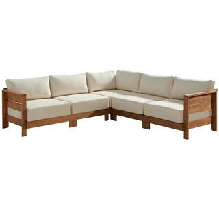 Barton Wood Weather-Resistant Outdoor Sectional with Stain-Resistant White Cushions | The Home Depot