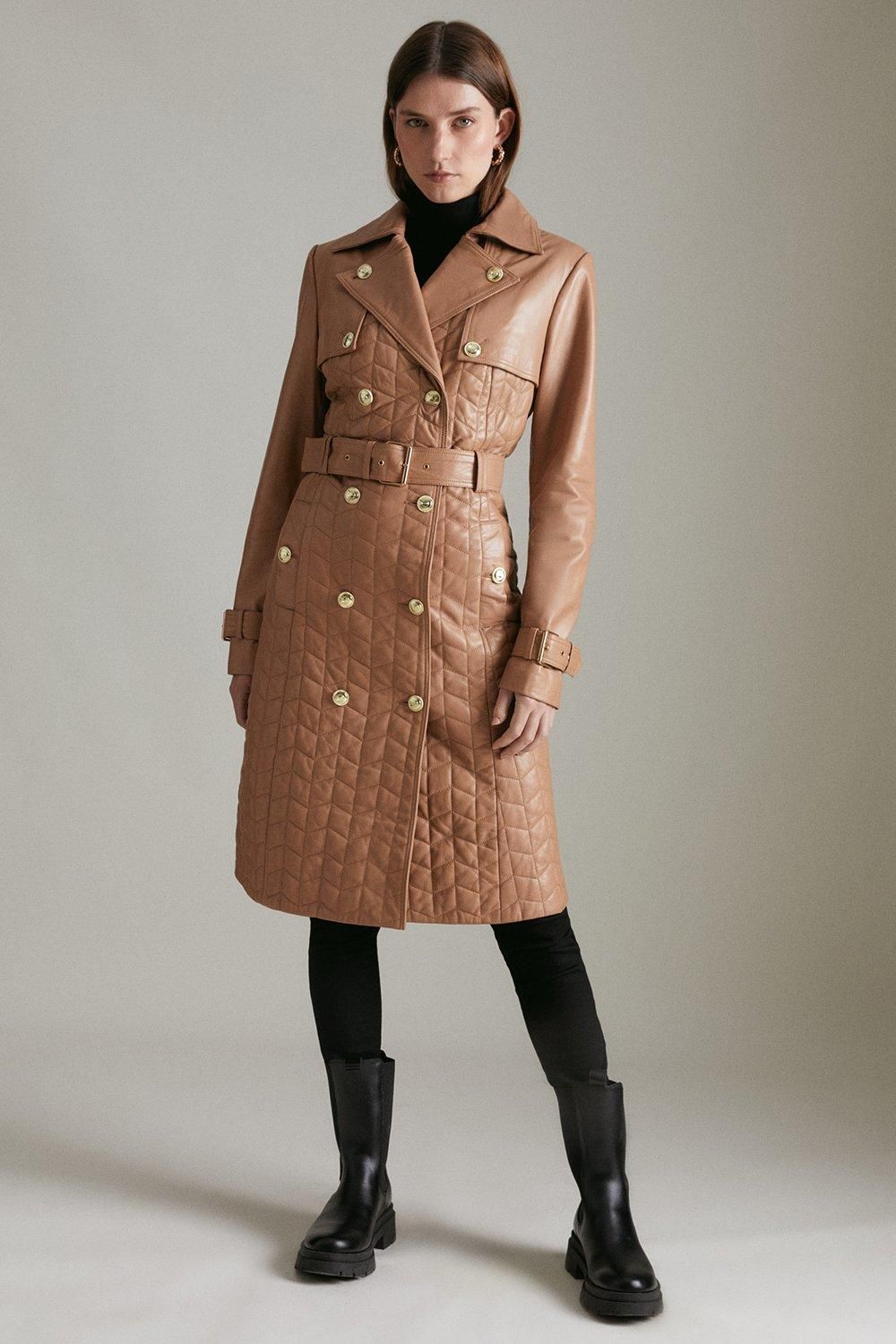 Leather Quilted Trench Coat | Karen Millen US