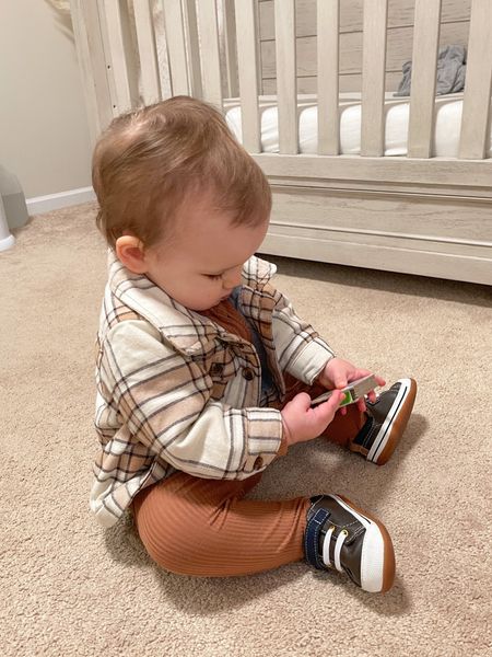 Fall baby items - 14 month old. 

First shoes for easy first time walker: size 5 
Ribbed PJs: size 6-12 
Plaid shirt jacket: size 6-12 

#LTKkids #LTKfit #LTKbaby