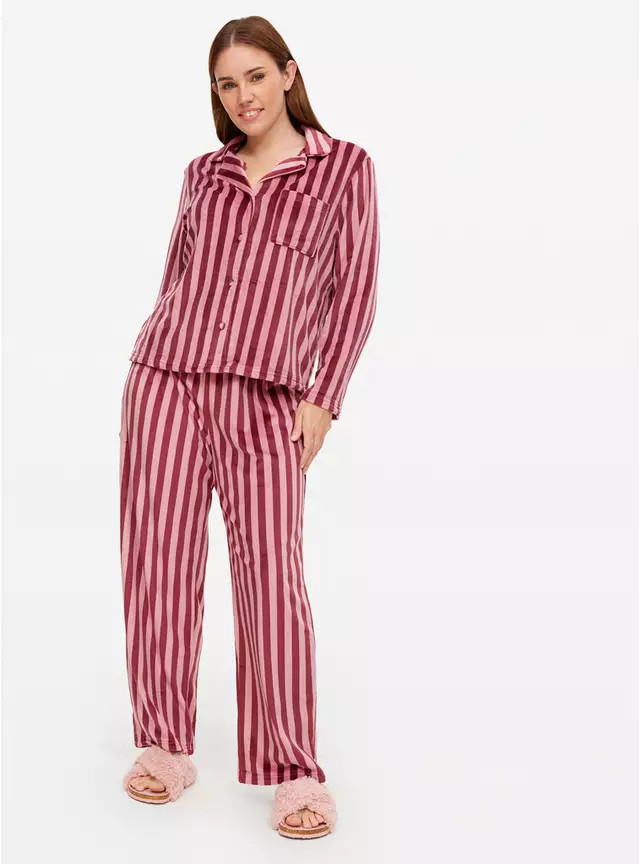Burgundy Striped Slinky Fleece Traditional Pyjamas XL | Tu Clothing
