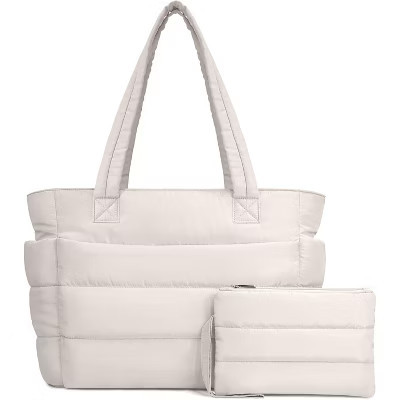 Puffer Tote Bag for Women, Lightweight Quilted Shoulder Bag with Compartments for Work, Travel, and Gym Light White Medium | Target
