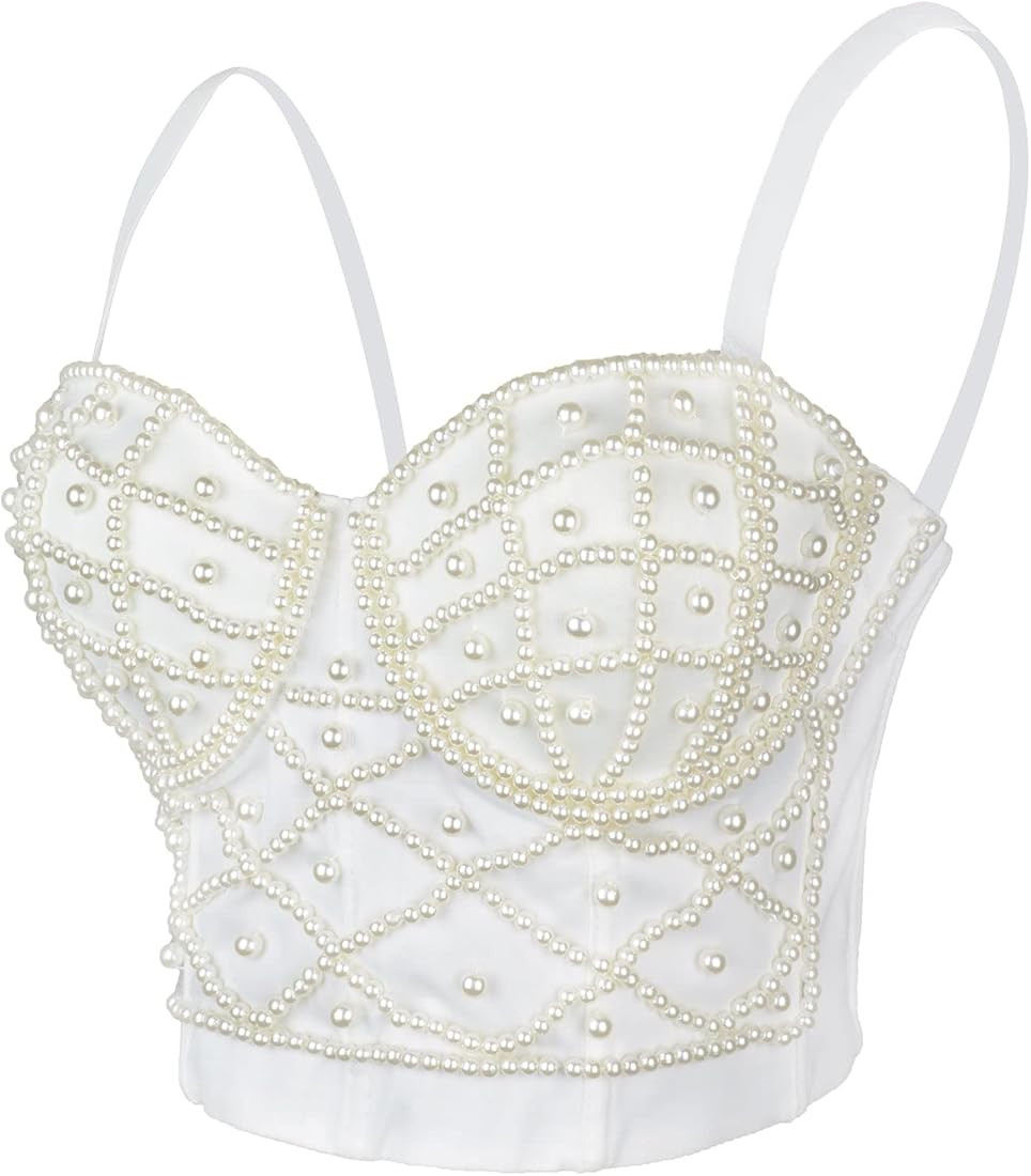Sexy Pearls Beaded Bustier Corset Crop Top Club Party Cage Bra | Amazon (US)