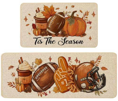Baccessor Fall Pumpkin Kitchen Rugs Set of 2,Tis The Season Autumn Thanksgiving Farmhouse Mats Washable Non Slip Low-Profile Indoor Floor Holiday Hallway Laundry Sink Decor 17x29 and 17x47 Inch | Amazon (US)