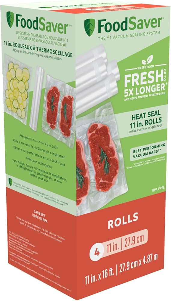 FoodSaver Vacuum Seal Rolls for Custom Fit Airtight Food Storage and Sous Vide, 11" x 16', 4 Pack | Amazon (CA)