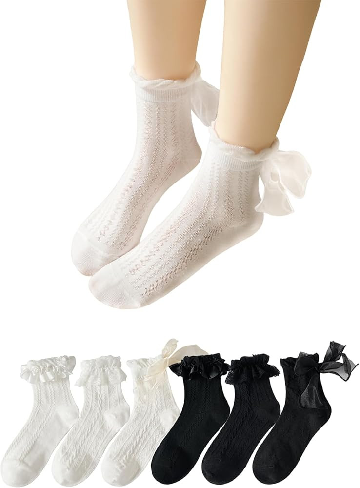 Ruffle Socks for Women, Bow Lace Crew Thin Comfortable Frilly Daily Dress Party Socks - Black Whi... | Amazon (US)