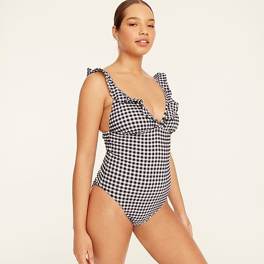 Ruffle V-neck one-piece in ginghamItem BE754 
 
 
 
 
 There are no reviews for this product.Be t... | J.Crew US