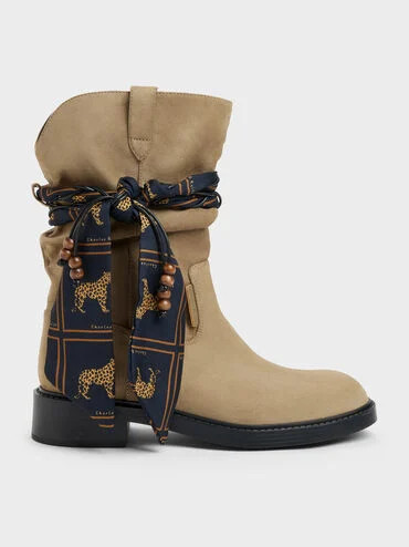 Khaki Faux Suede Printed-Scarf Calf Boots | CHARLES & KEITH | Charles & Keith US