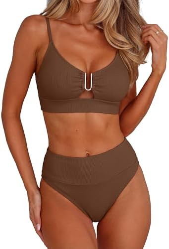 ANRABESS Bikini Sets for Women Summer High Waisted 2 Piece Bathing Suit Ribbed U-Wire Cutout Swim... | Amazon (US)
