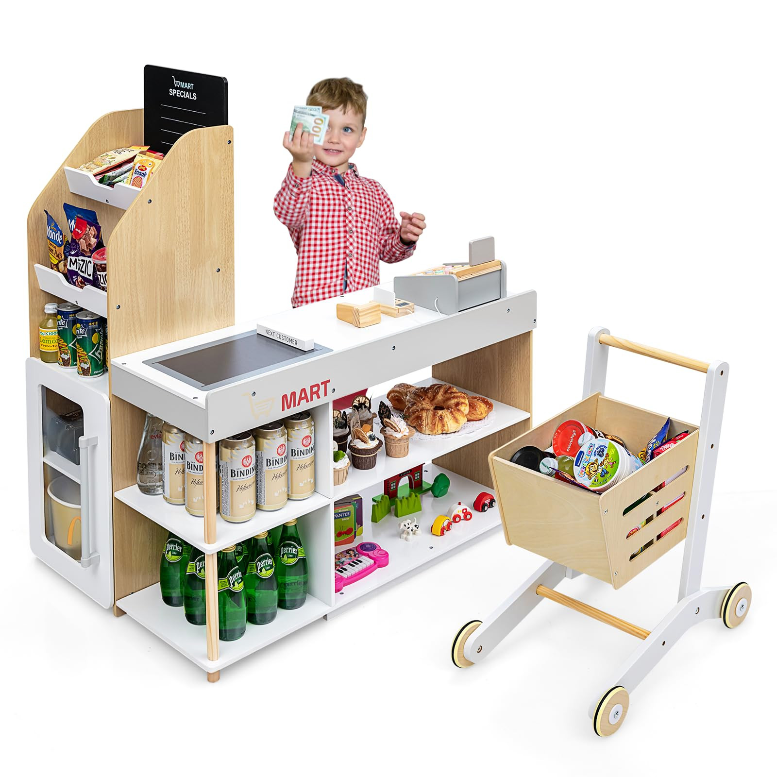 GLACER Grocery Store Pretend Play, Wooden Kids Grocery Store Playset w/Cash Register Stand, Shopp... | Amazon (US)