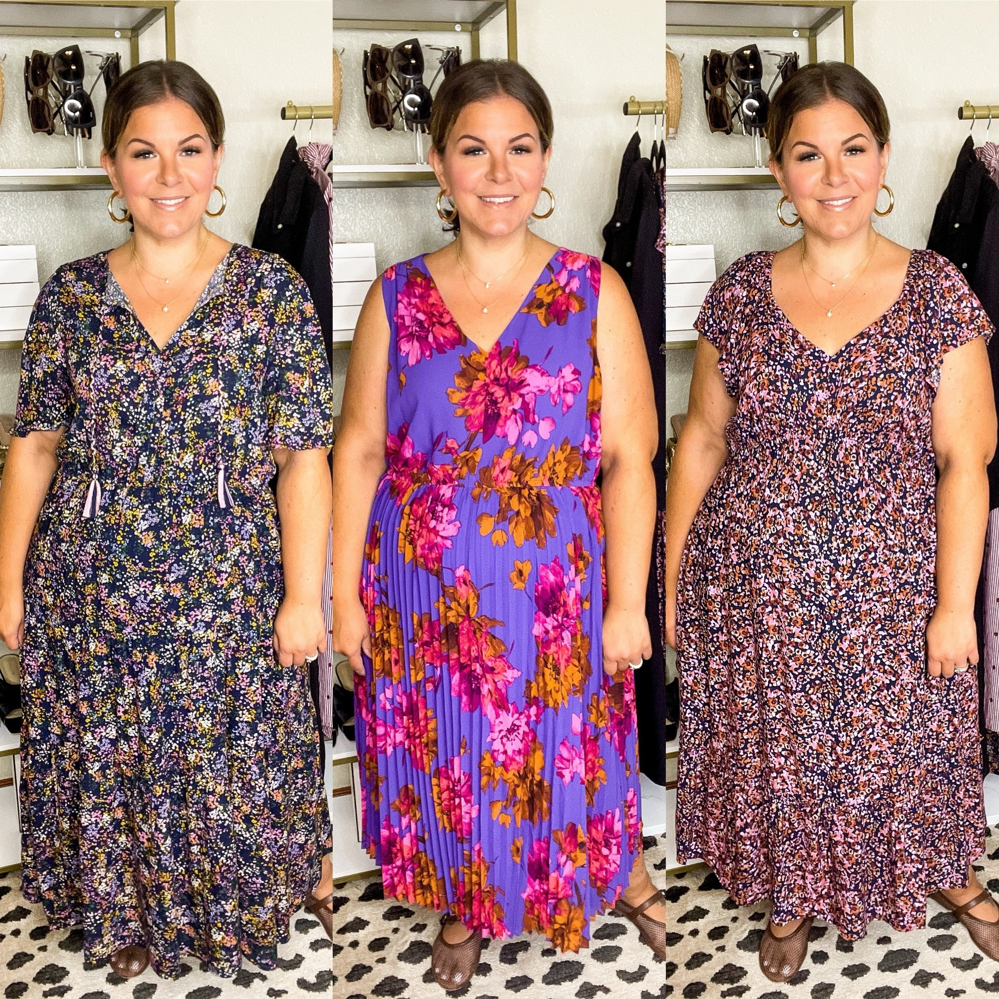 #walmartpartner ➡️ @walmartfashion has the cutest fall florals for the curvy girls! First two dresses are available in sizes XS-4X and the second is a plus size dress that is so pretty and comfortable! Wearing 1X, XL, and 1X from L to R. #walmartfashion 

#LTKFindsUnder50 #LTKOver40 #LTKPlusSize