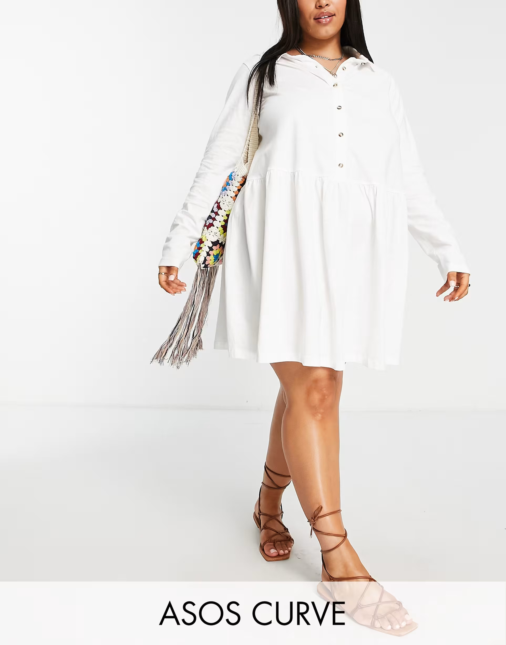 ASOS DESIGN Curve mini jersey shirt dress with drop waist in white | ASOS (Global)