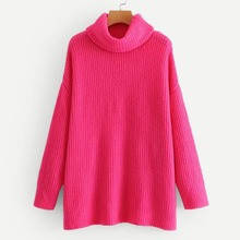 Neon Pink Turtleneck Drop Shoulder Jumper | ROMWE