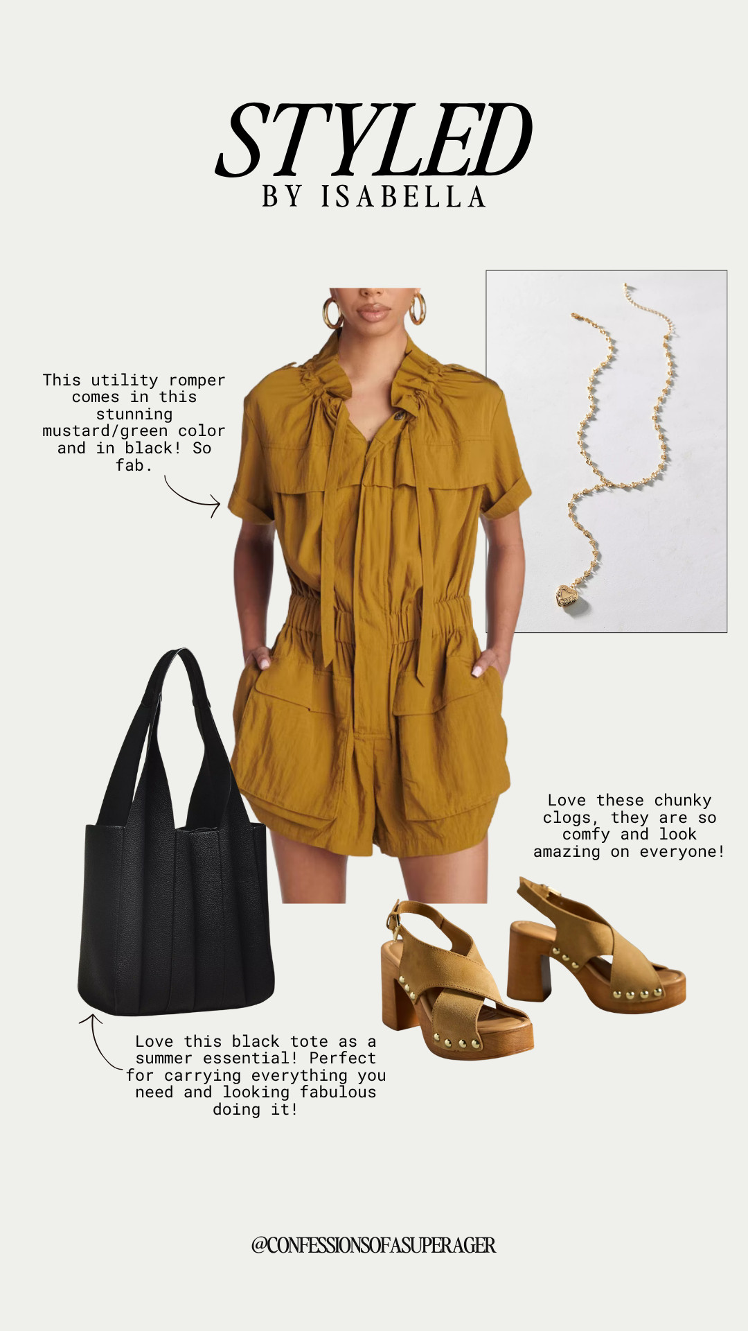 Easy, effortless, and so chic 🤎 This utility romper is the ultimate one-and-done summer outfit! Paired with a classic black tote, comfy platform clogs, and delicate gold jewelry, it's the perfect look for brunch, travel, errands, or everyday style. Save this outfit and shop all my favorite finds before they sell out! ✨ 

 #LTKStyle #LTKFashion #SummerStyle #UtilityRomper #RomperStyle #EverydayChic #CasualStyle #NeutralWardrobe #CapsuleWardrobe #SummerOutfit #WeekendStyle #TravelOutfit #ResortWear #PlatformClogs #ToteBag #GoldJewelry #EffortlessStyle #FashionOver40 #FashionOver50 #ConfessionsOfASuperAger #LTKSeasonal #LTKOver40 #LTKSaleAlert