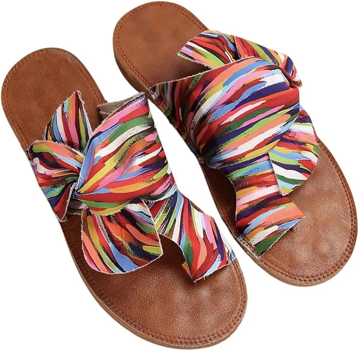 GORGLITTER Women's Rainbow Bow Tie Flat Beach Sandals 2025 Vacation Open Toe Thong Sandals Summer... | Amazon (US)