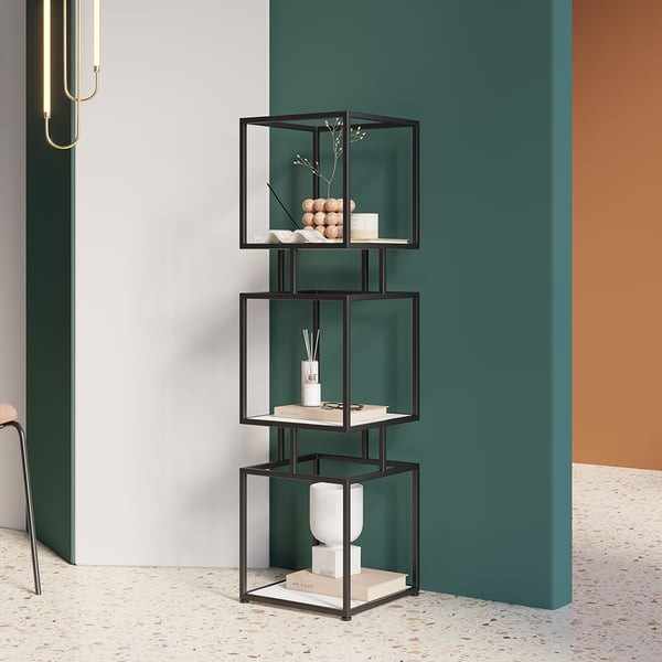 3-Tier Modern Black Cube Bookcase with Metal Tower Display Shelf | Homary