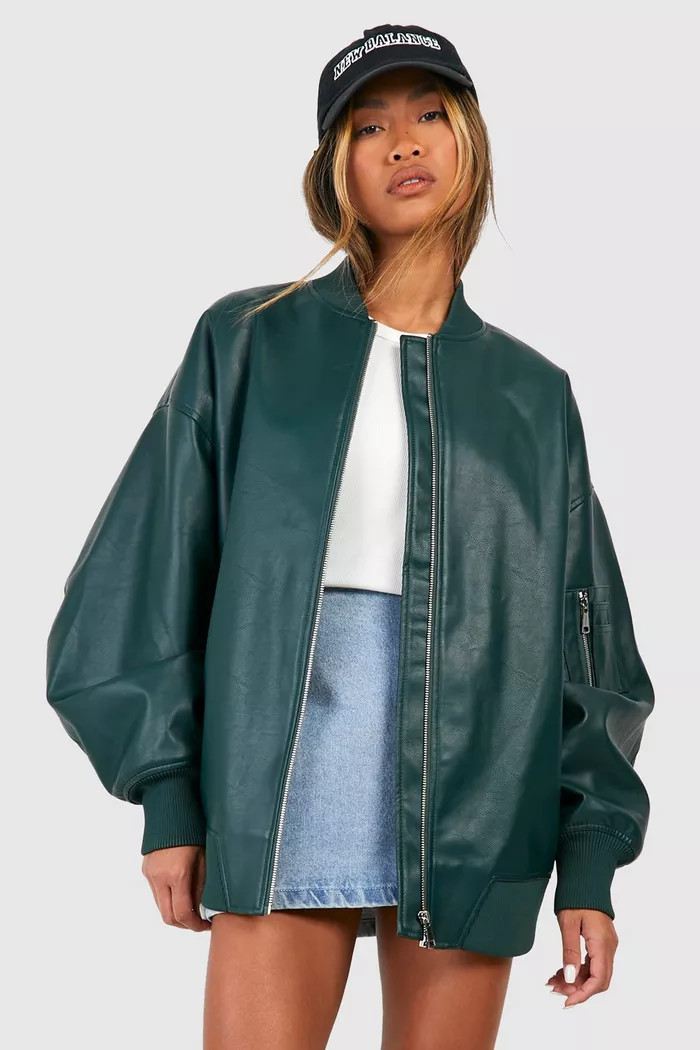 Oversized Faux Leather Bomber Jacket | boohoo (US & Canada)