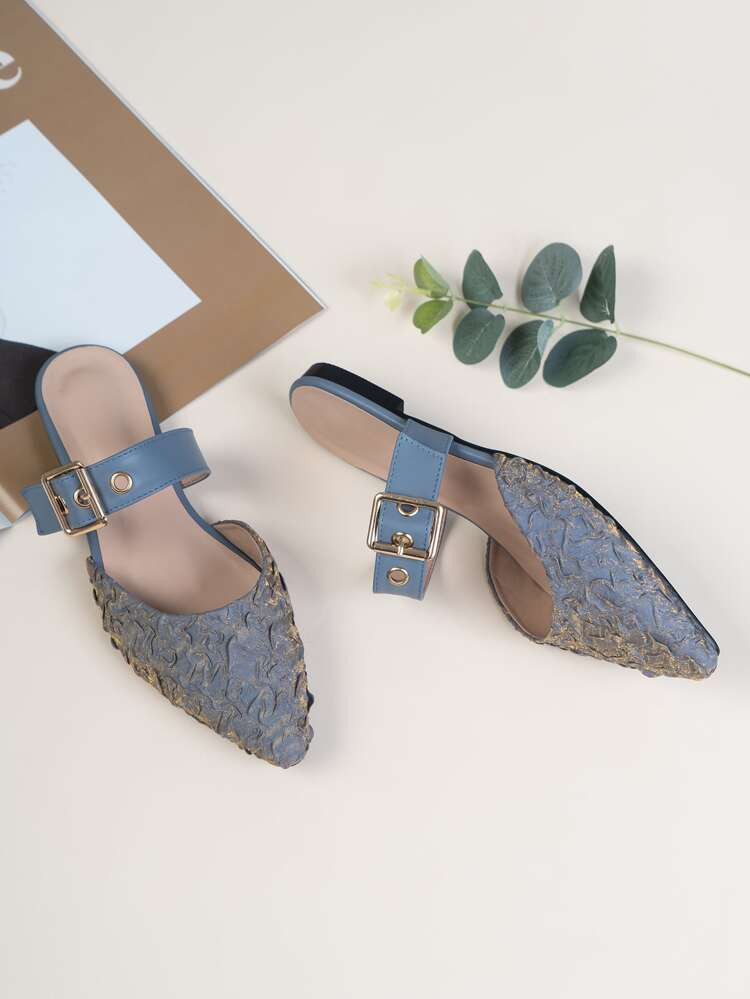 Eyelet Buckle Decor Ruched Detail Flat Mules | SHEIN