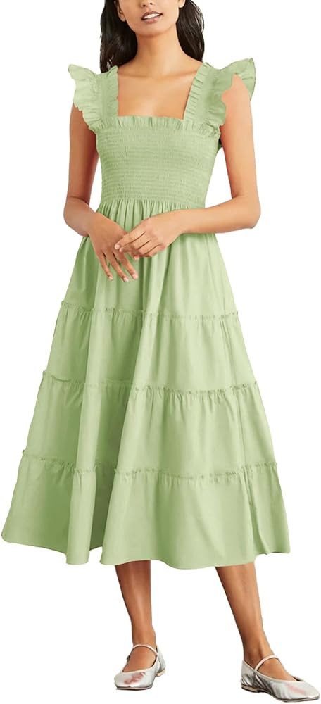 Rooscier Women's Square Neck Smocked Ruffle Sleeveless Sundress Tiered A Line Midi Dress | Amazon (US)