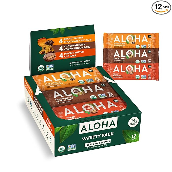 ALOHA Organic Plant Based Protein Bars - 3 Flavor Variety Pack - 12 Count, 1.98oz Bars - Vegan Sn... | Amazon (US)