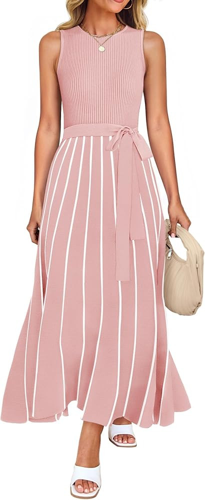 ZESICA Women's Summer Sleeveless Maxi Dress 2026 Crewneck Ribbed Knit Tie Waist Casual A Line Swe... | Amazon (US)