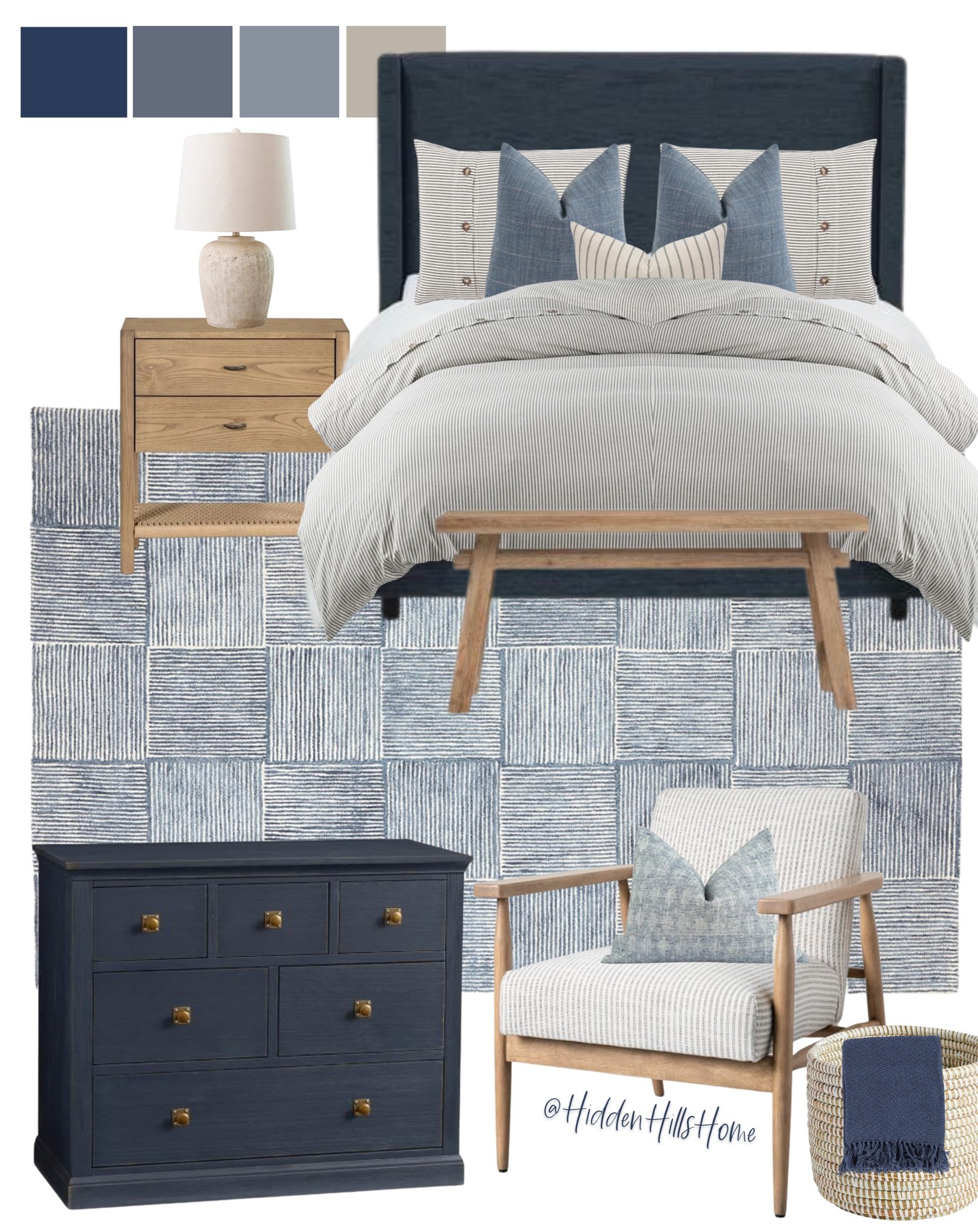 Bedroom Decor, Primary Bedroom mood board, Coastal Bedroom decor, Navy Upholstered Bed, Beach house Inspo, Home decor #bedroom #homedecor 

#LTKhome