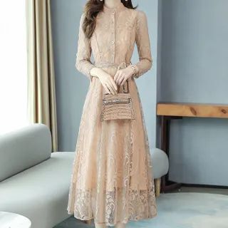 Kotoba - Long-Sleeve A-Line Midi Lace Dress | YesStyle Global