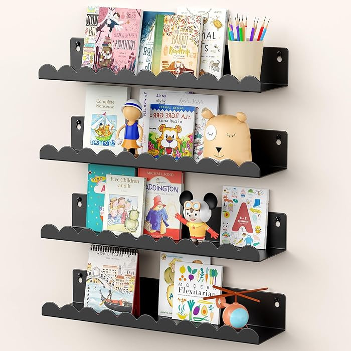 Nursery Book Shelves, 17 Inch Black Metal Floating Shelves for Wall 4 Pack, Wall Mounted Book She... | Amazon (US)