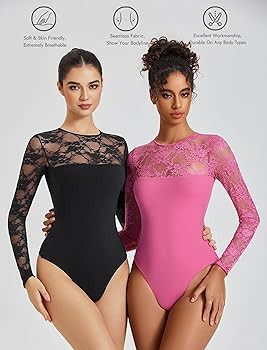 Avidlove Lace Long Sleeve Bodysuit for Women Crew Neck Body Suits Slimming Going Out Concert Tops... | Amazon (US)