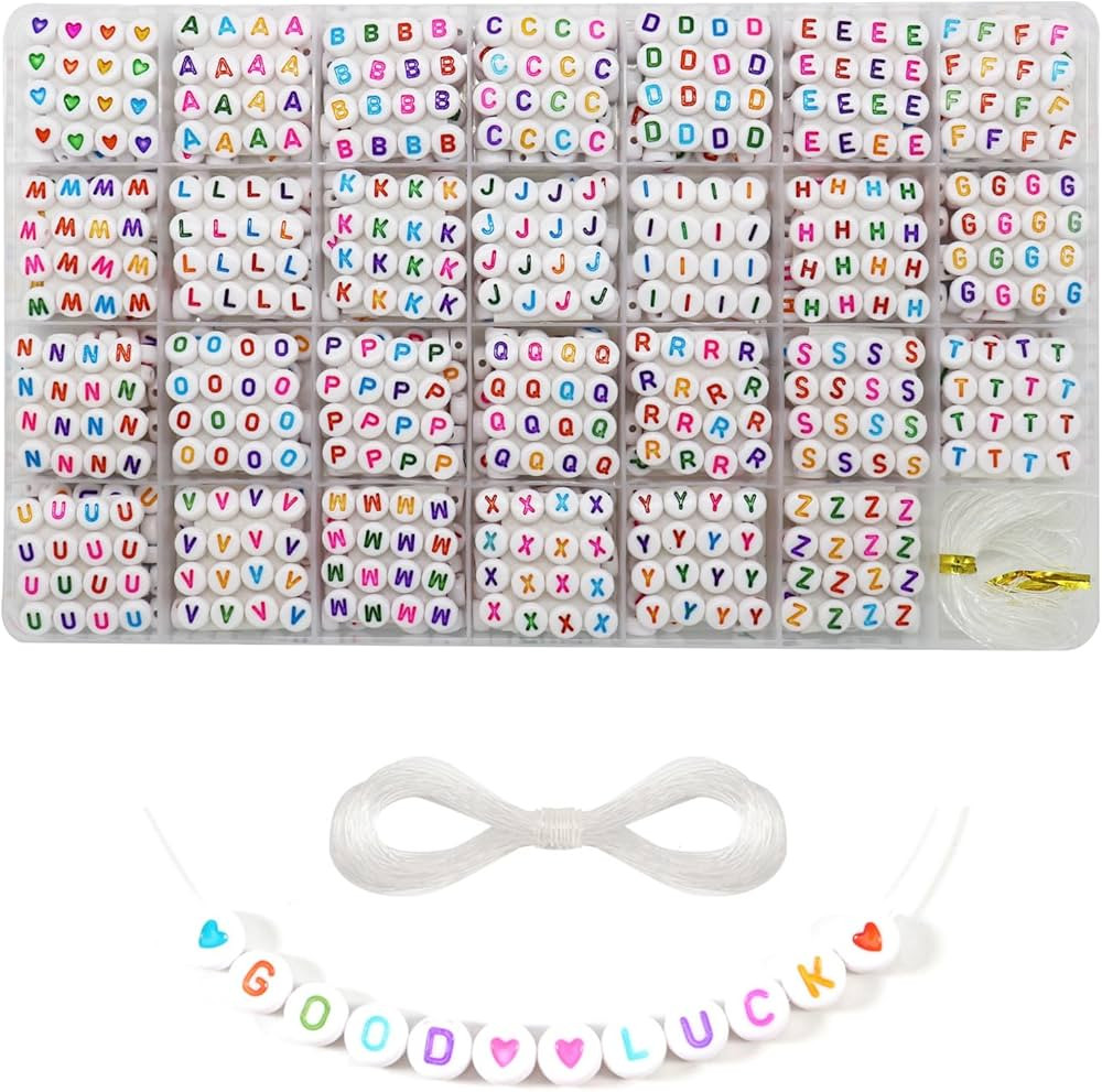1400 Pieces 4x7mm White Round Acrylic Alphabet Letter Beads A-Z Heart Pattern Beads and Crystal L... | Amazon (US)