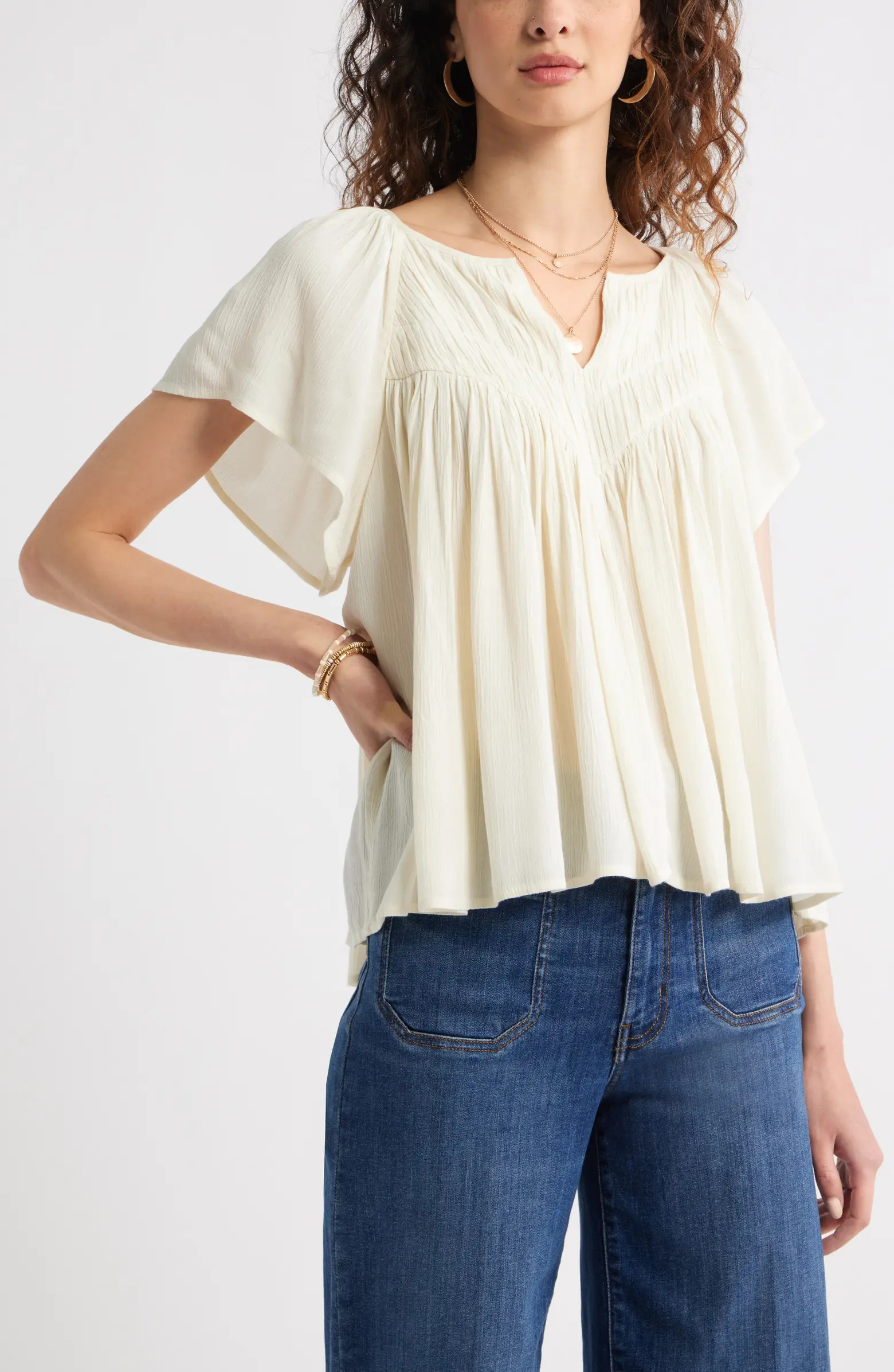Treasure & Bond Shirred Raglan Sleeve Gauze Top | Nordstrom | Nordstrom