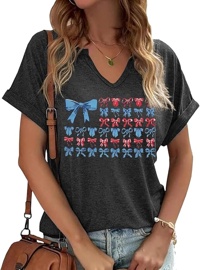 Patriotic V Neck Shirts 4th of July for Women American Flag Graphic Tee Casual Color Block Short ... | Amazon (US)